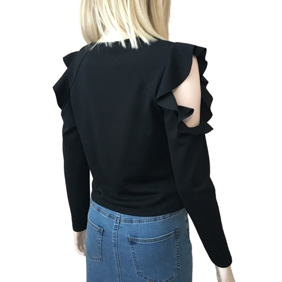 Dynamite Ruffled Cold Shoulder Black Top Blouse Textured Long Sleeve NWOT - Picture 8 of 13